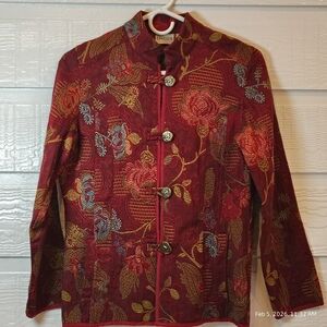 Chicos Womens Size 0 US SMALL Asian Inspired Jacket Mandarin Collar Embroidery